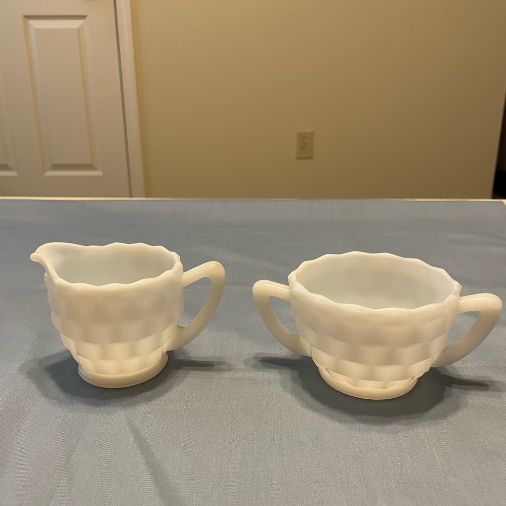 Vintage White Milk Glass Creamer and Open Sugar Bowl Set Cube or Cubist Pattern